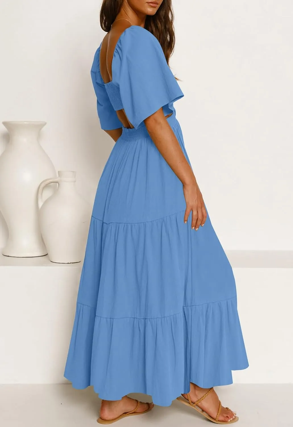 LEANI Women's 2025 Summer Cutout Maxi Dress Square Neck Short Sleeve Crossover Waist Casual Party Dresses