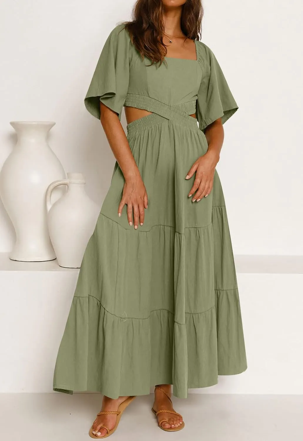 LEANI Women's 2025 Summer Cutout Maxi Dress Square Neck Short Sleeve Crossover Waist Casual Party Dresses