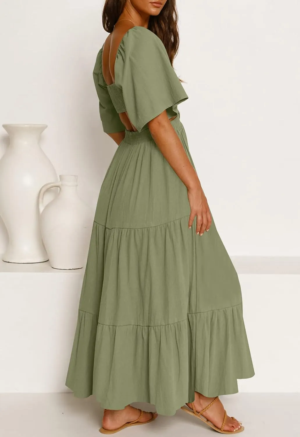 LEANI Women's 2025 Summer Cutout Maxi Dress Square Neck Short Sleeve Crossover Waist Casual Party Dresses