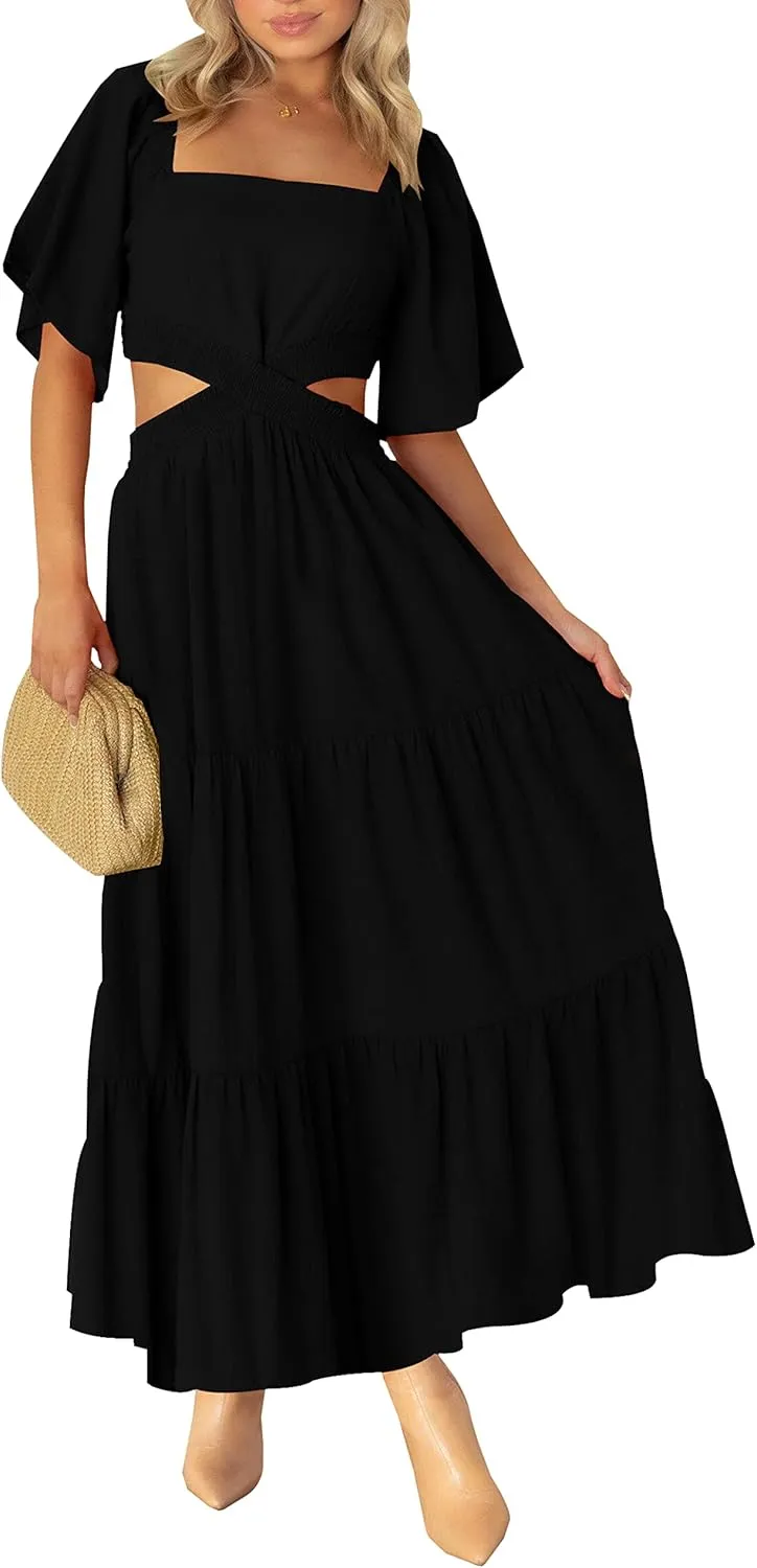 LEANI Women's 2025 Summer Cutout Maxi Dress Square Neck Short Sleeve Crossover Waist Casual Party Dresses