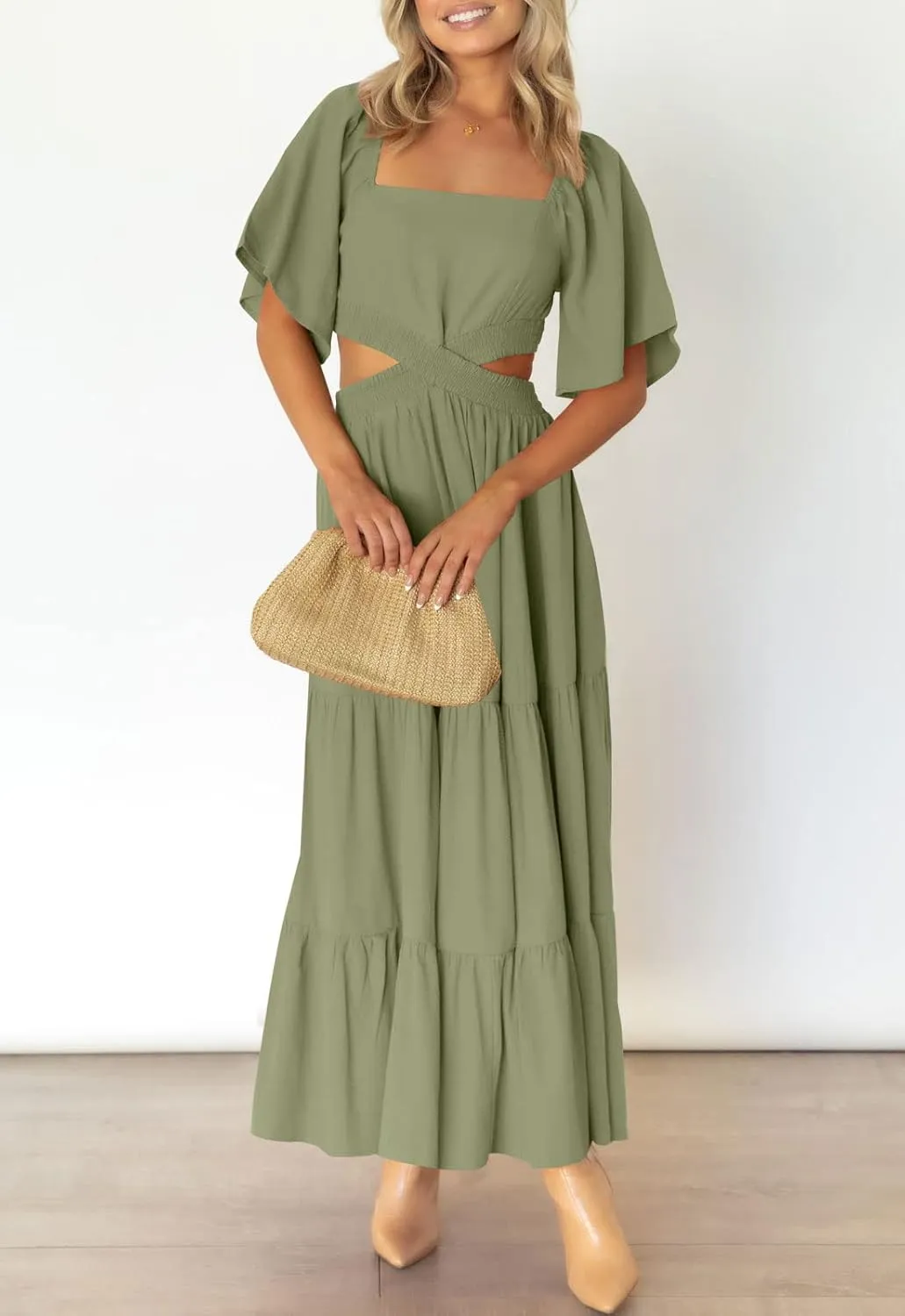 LEANI Women's 2025 Summer Cutout Maxi Dress Square Neck Short Sleeve Crossover Waist Casual Party Dresses