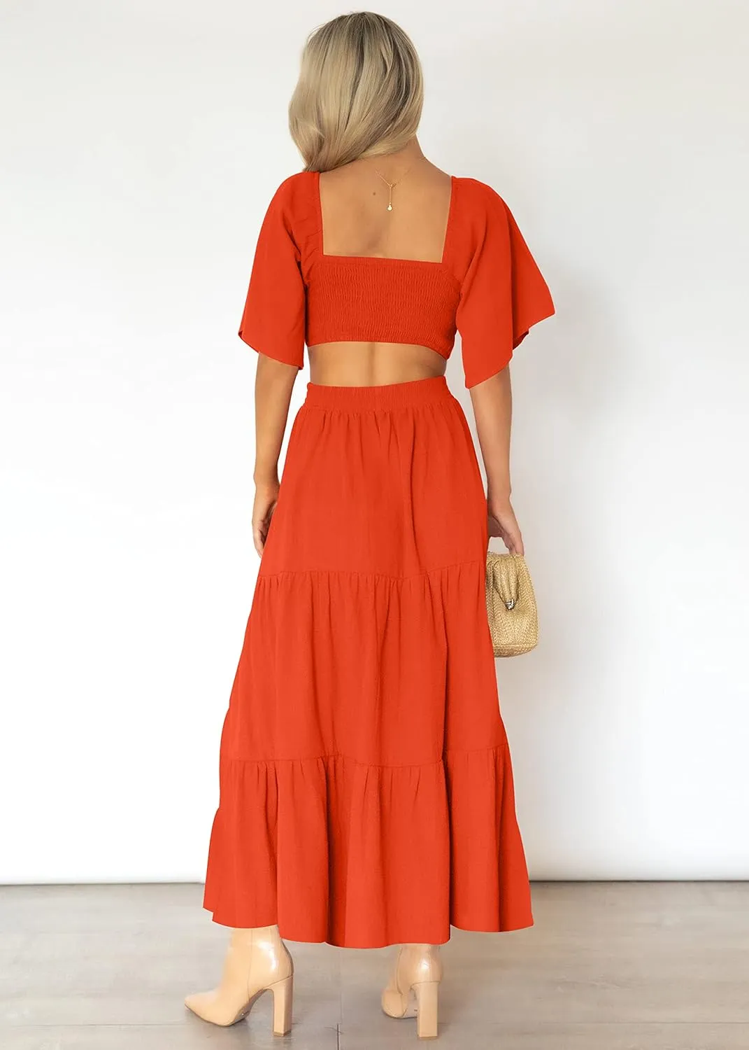 LEANI Women's 2025 Summer Cutout Maxi Dress Square Neck Short Sleeve Crossover Waist Casual Party Dresses