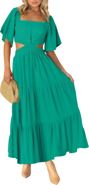 LEANI Women's 2025 Summer Cutout Maxi Dress Square Neck Short Sleeve Crossover Waist Casual Party Dresses