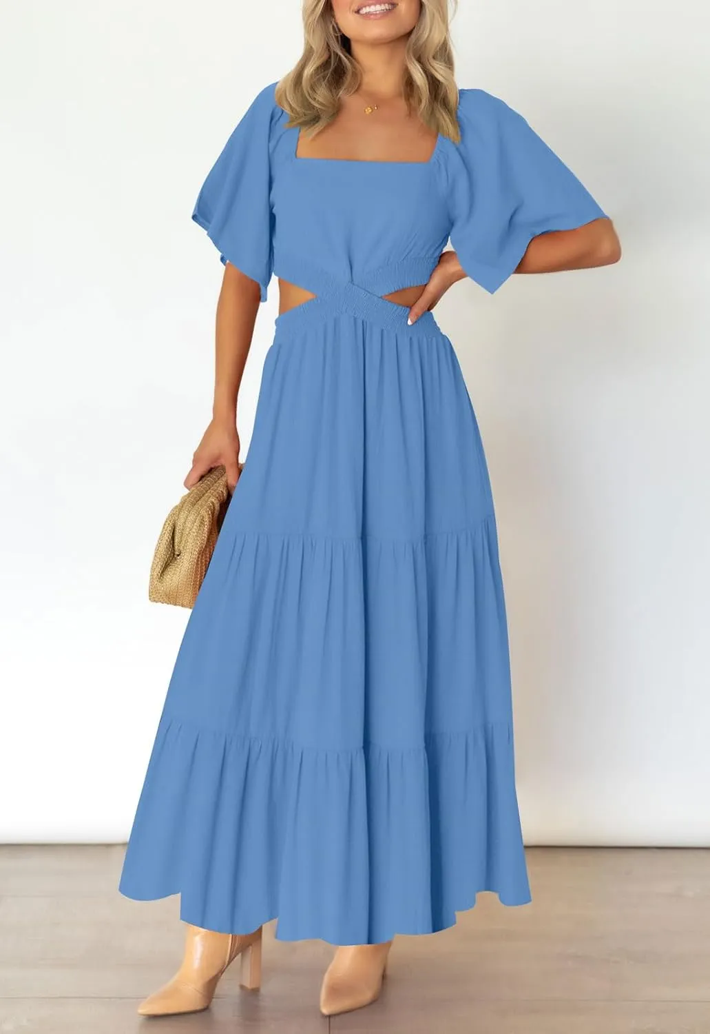 LEANI Women's 2025 Summer Cutout Maxi Dress Square Neck Short Sleeve Crossover Waist Casual Party Dresses