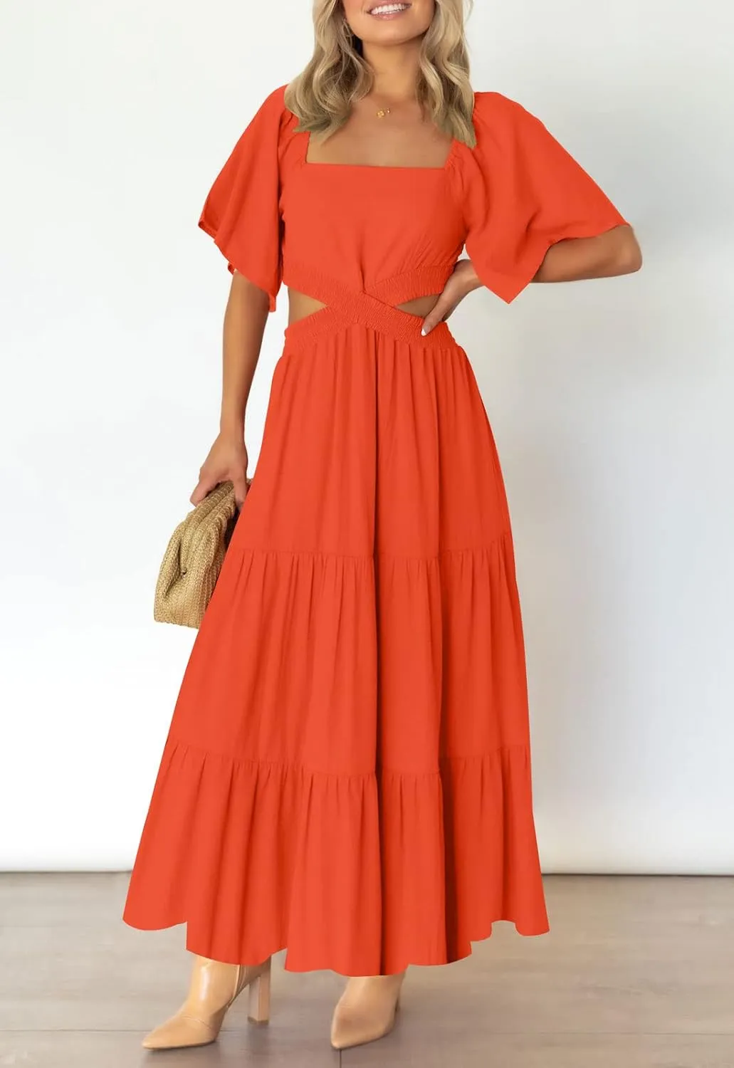 LEANI Women's 2025 Summer Cutout Maxi Dress Square Neck Short Sleeve Crossover Waist Casual Party Dresses