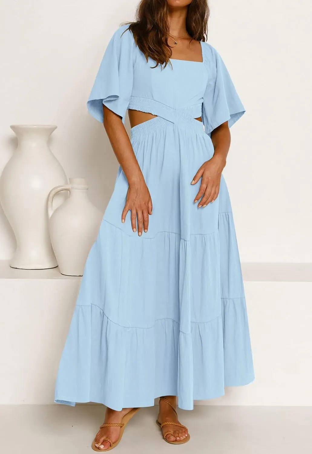 LEANI Women's 2025 Summer Cutout Maxi Dress Square Neck Short Sleeve Crossover Waist Casual Party Dresses