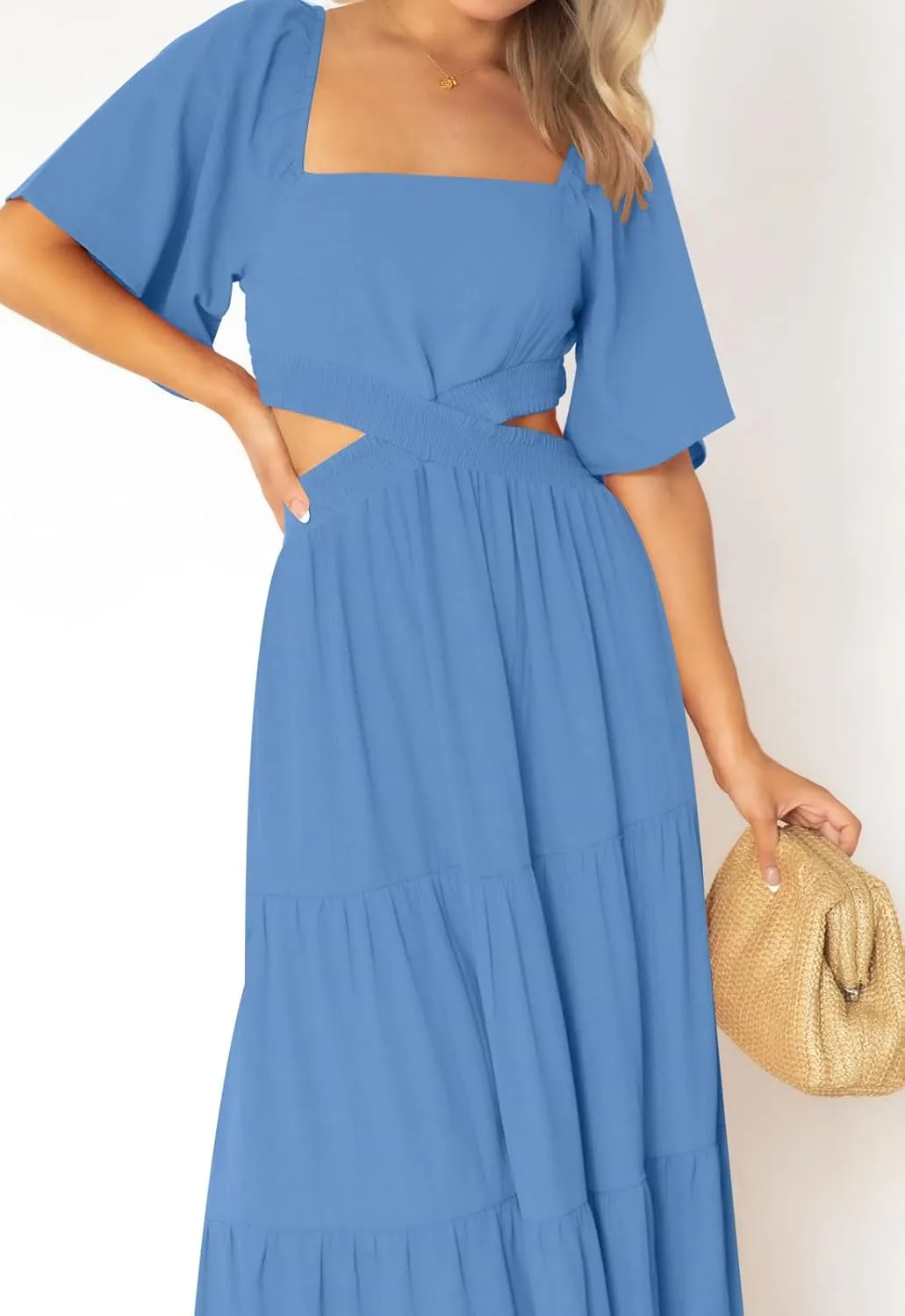 LEANI Women's 2025 Summer Cutout Maxi Dress Square Neck Short Sleeve Crossover Waist Casual Party Dresses