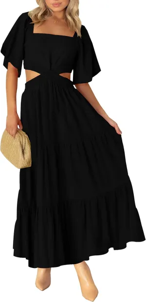 LEANI Women's 2025 Summer Cutout Maxi Dress Square Neck Short Sleeve Crossover Waist Casual Party Dresses