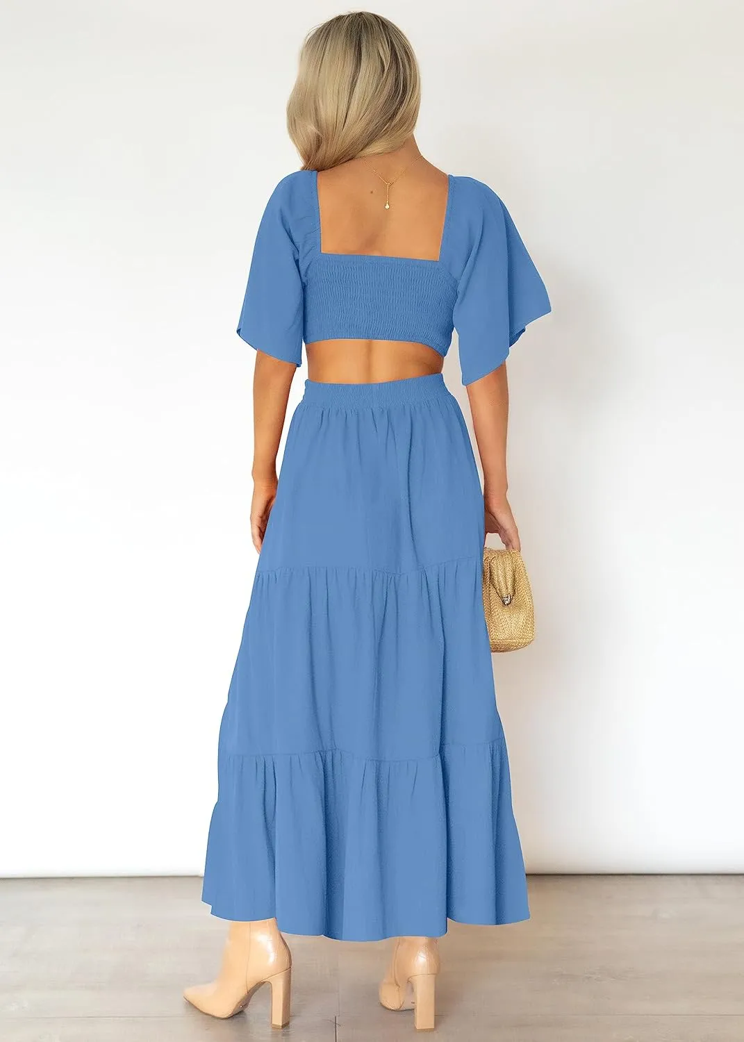 LEANI Women's 2025 Summer Cutout Maxi Dress Square Neck Short Sleeve Crossover Waist Casual Party Dresses