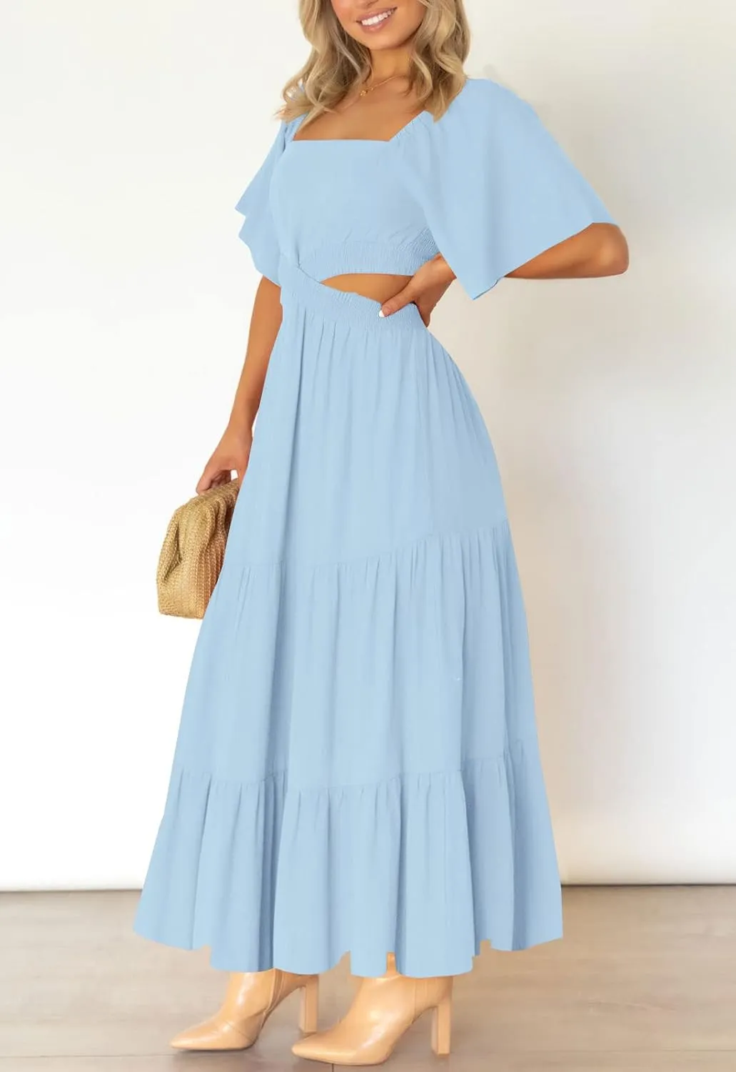 LEANI Women's 2025 Summer Cutout Maxi Dress Square Neck Short Sleeve Crossover Waist Casual Party Dresses