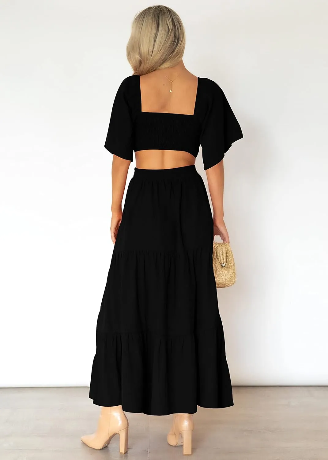 LEANI Women's 2025 Summer Cutout Maxi Dress Square Neck Short Sleeve Crossover Waist Casual Party Dresses