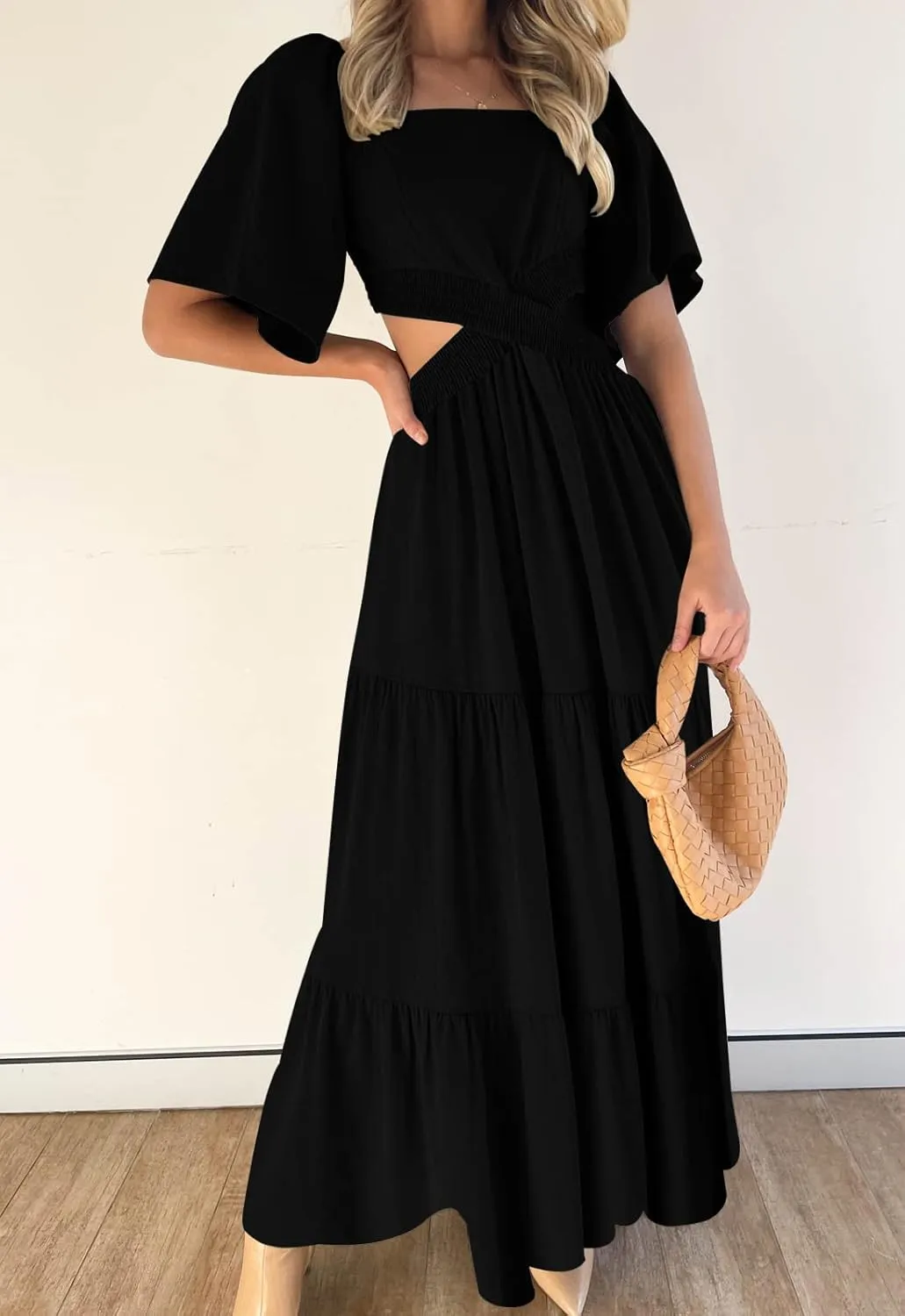 LEANI Women's 2025 Summer Cutout Maxi Dress Square Neck Short Sleeve Crossover Waist Casual Party Dresses