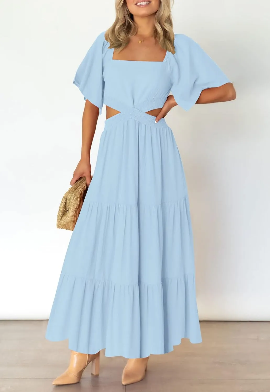 LEANI Women's 2025 Summer Cutout Maxi Dress Square Neck Short Sleeve Crossover Waist Casual Party Dresses