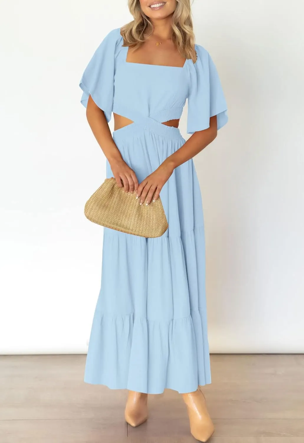LEANI Women's 2025 Summer Cutout Maxi Dress Square Neck Short Sleeve Crossover Waist Casual Party Dresses