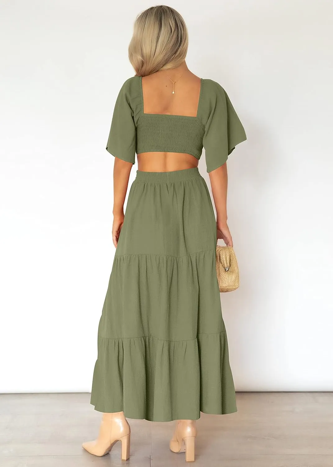 LEANI Women's 2025 Summer Cutout Maxi Dress Square Neck Short Sleeve Crossover Waist Casual Party Dresses