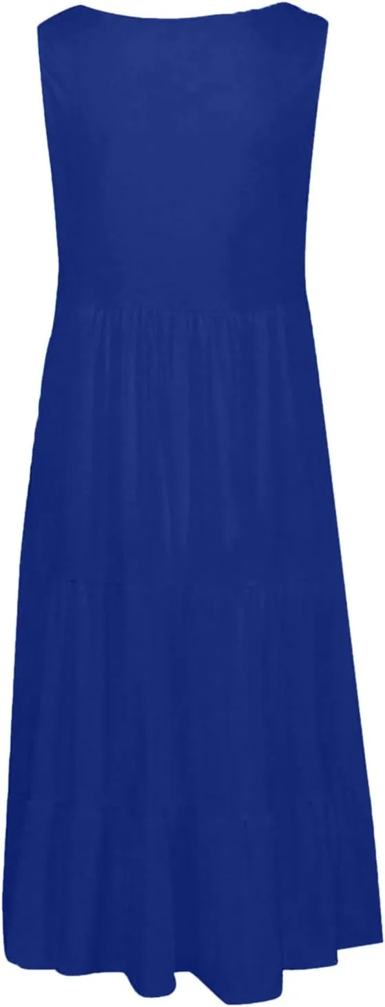 LEMONONSTORE Beach Boho Dresses for Women V Neck Wide Straps Layered Ruffle Swing Maxi Dress Summer Sleeveless Party Dress