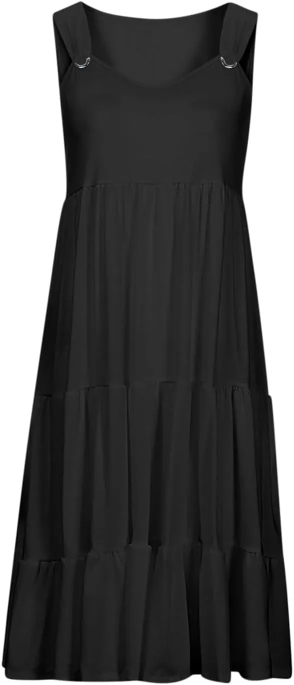 LEMONONSTORE Beach Boho Dresses for Women V Neck Wide Straps Layered Ruffle Swing Maxi Dress Summer Sleeveless Party Dress