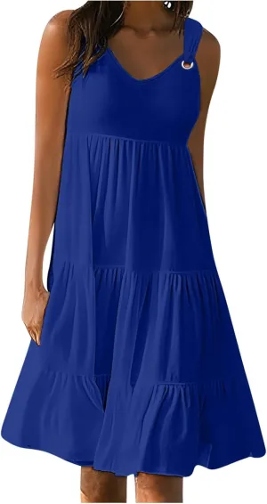 LEMONONSTORE Beach Boho Dresses for Women V Neck Wide Straps Layered Ruffle Swing Maxi Dress Summer Sleeveless Party Dress