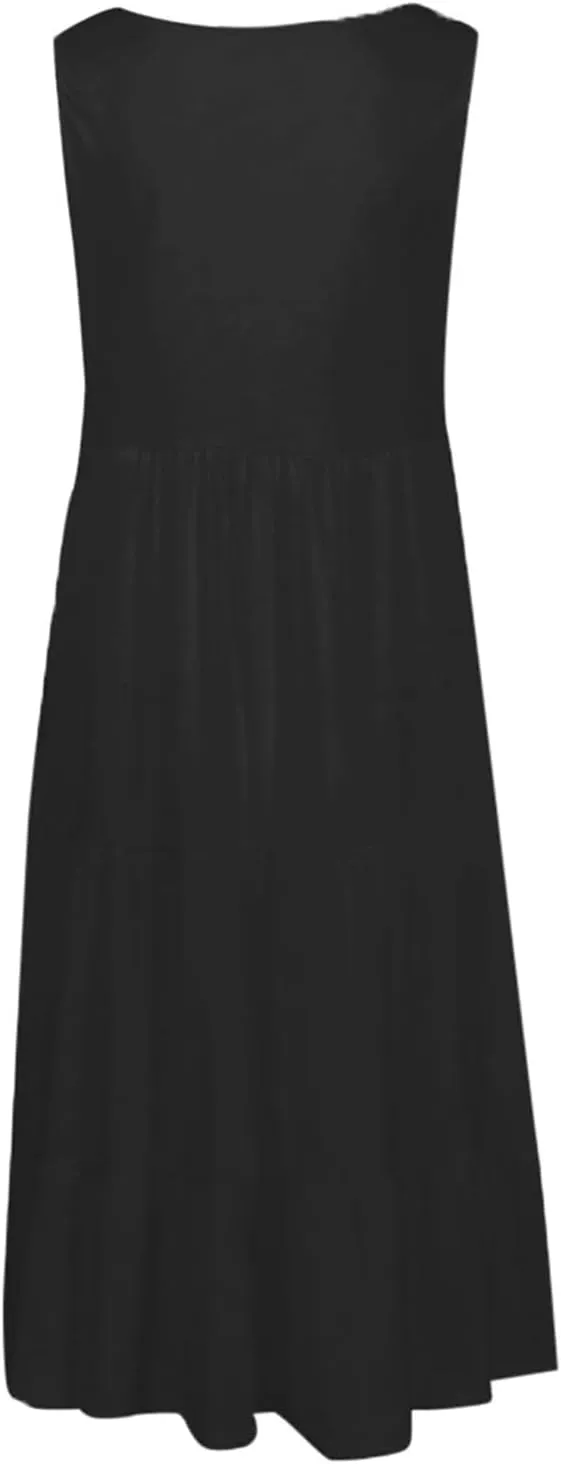 LEMONONSTORE Beach Boho Dresses for Women V Neck Wide Straps Layered Ruffle Swing Maxi Dress Summer Sleeveless Party Dress