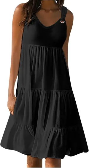 LEMONONSTORE Beach Boho Dresses for Women V Neck Wide Straps Layered Ruffle Swing Maxi Dress Summer Sleeveless Party Dress