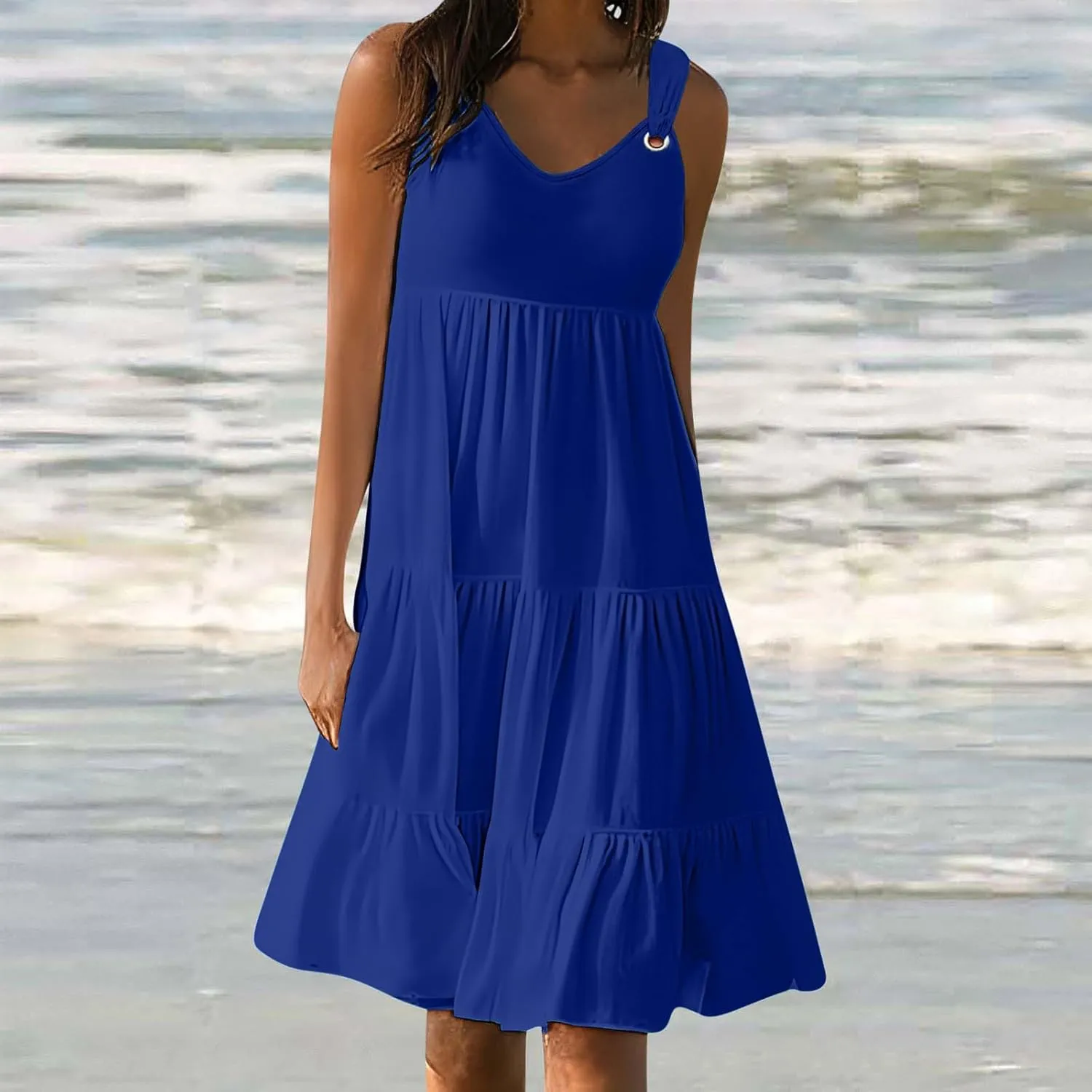 LEMONONSTORE Beach Boho Dresses for Women V Neck Wide Straps Layered Ruffle Swing Maxi Dress Summer Sleeveless Party Dress