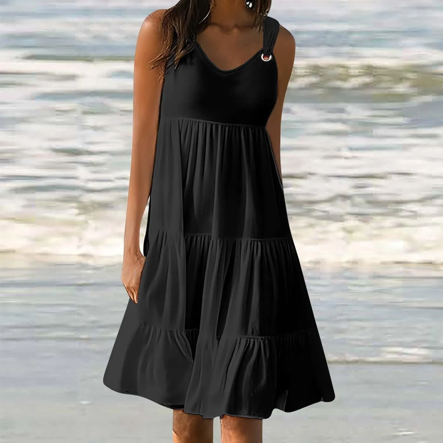 LEMONONSTORE Beach Boho Dresses for Women V Neck Wide Straps Layered Ruffle Swing Maxi Dress Summer Sleeveless Party Dress