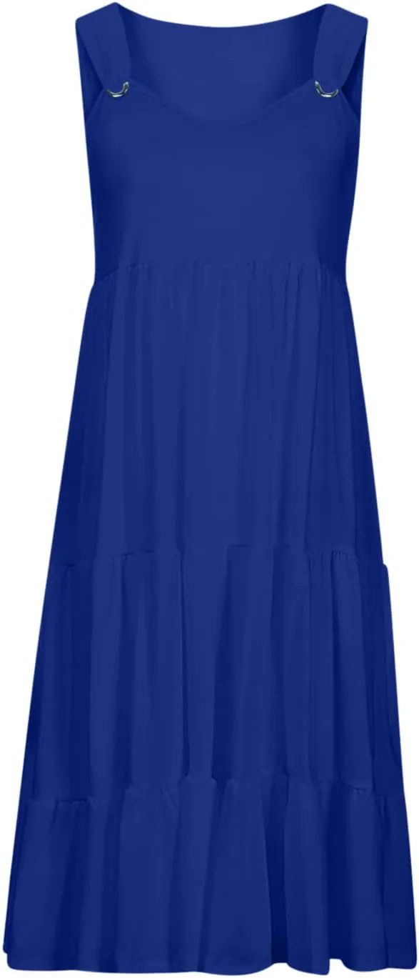 LEMONONSTORE Beach Boho Dresses for Women V Neck Wide Straps Layered Ruffle Swing Maxi Dress Summer Sleeveless Party Dress