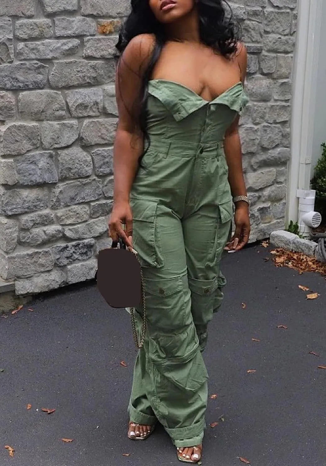 LETSVDO Women's Cargo Denim Jumpsuit Strapless Multi Pockets Wide Leg Loose Baggy Jean Romper Cargo Jeans