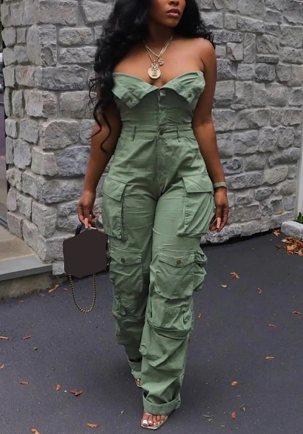 LETSVDO Women's Cargo Denim Jumpsuit Strapless Multi Pockets Wide Leg Loose Baggy Jean Romper Cargo Jeans