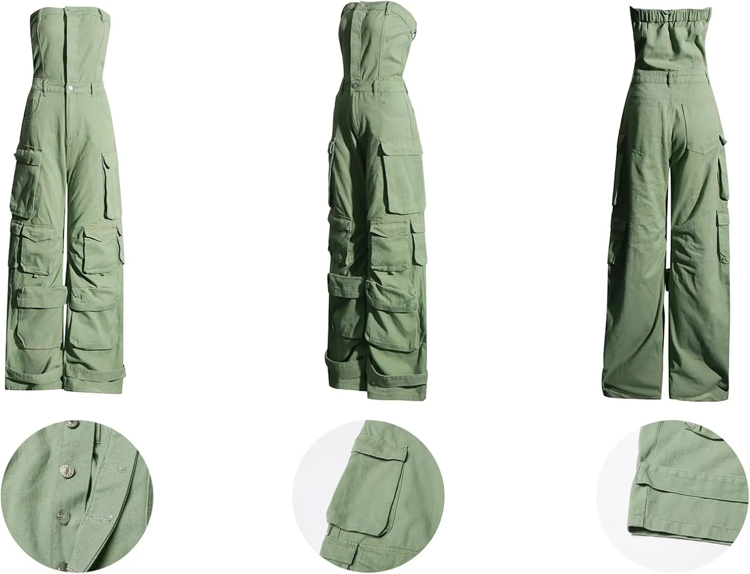 LETSVDO Women's Cargo Denim Jumpsuit Strapless Multi Pockets Wide Leg Loose Baggy Jean Romper Cargo Jeans