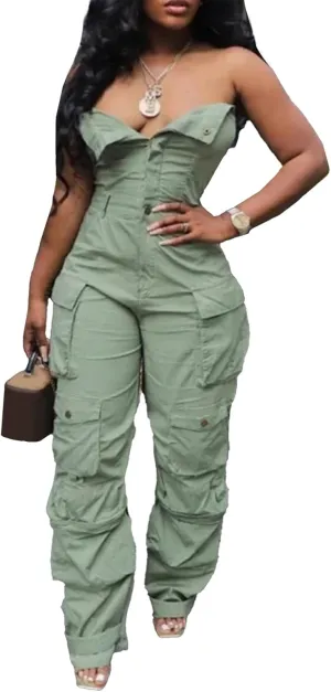 LETSVDO Women's Cargo Denim Jumpsuit Strapless Multi Pockets Wide Leg Loose Baggy Jean Romper Cargo Jeans
