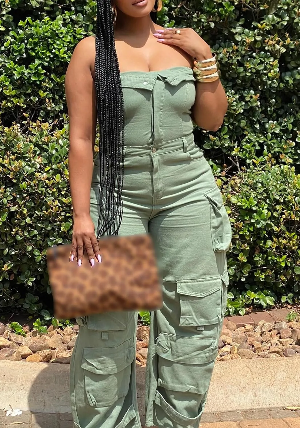 LETSVDO Women's Cargo Denim Jumpsuit Strapless Multi Pockets Wide Leg Loose Baggy Jean Romper Cargo Jeans