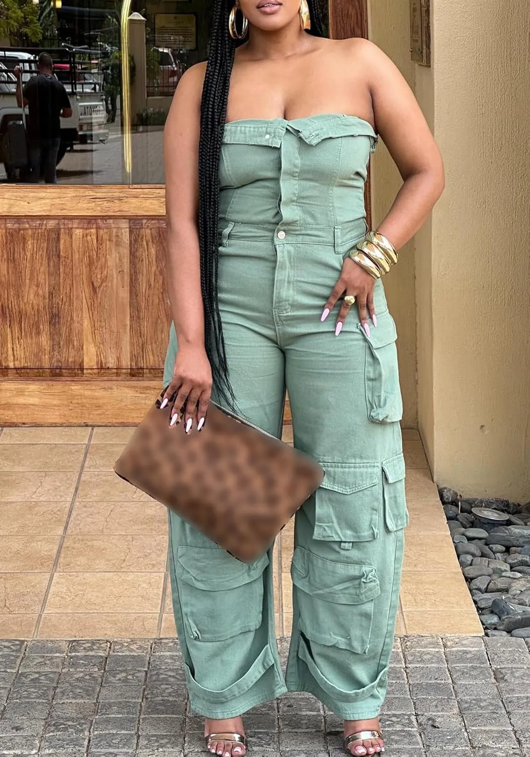 LETSVDO Women's Cargo Denim Jumpsuit Strapless Multi Pockets Wide Leg Loose Baggy Jean Romper Cargo Jeans