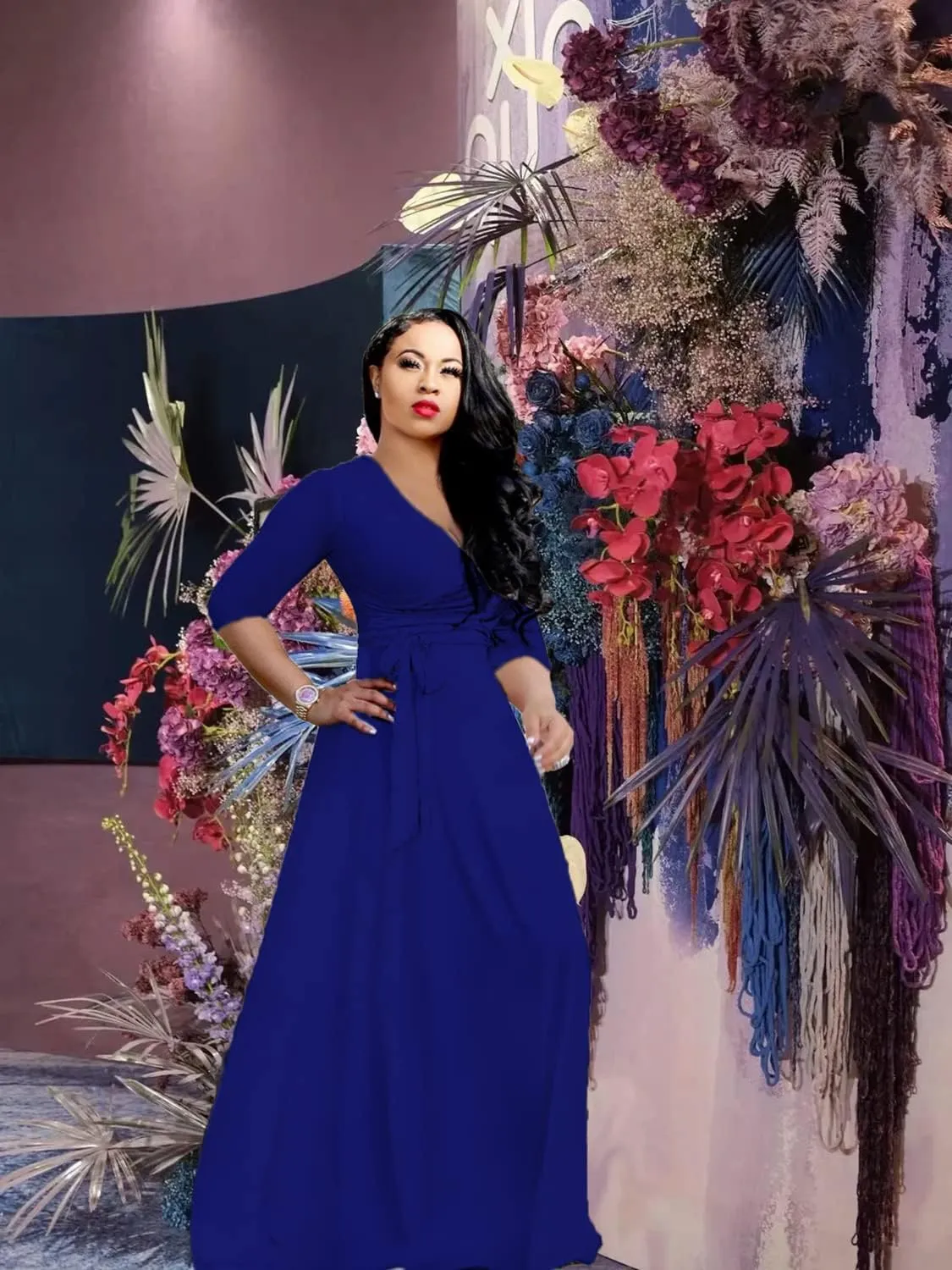 LightlyKiss Plus-Size Maxi Dresses for Women African Summer 3/4 Sleeves Beach Sundress with Pockets