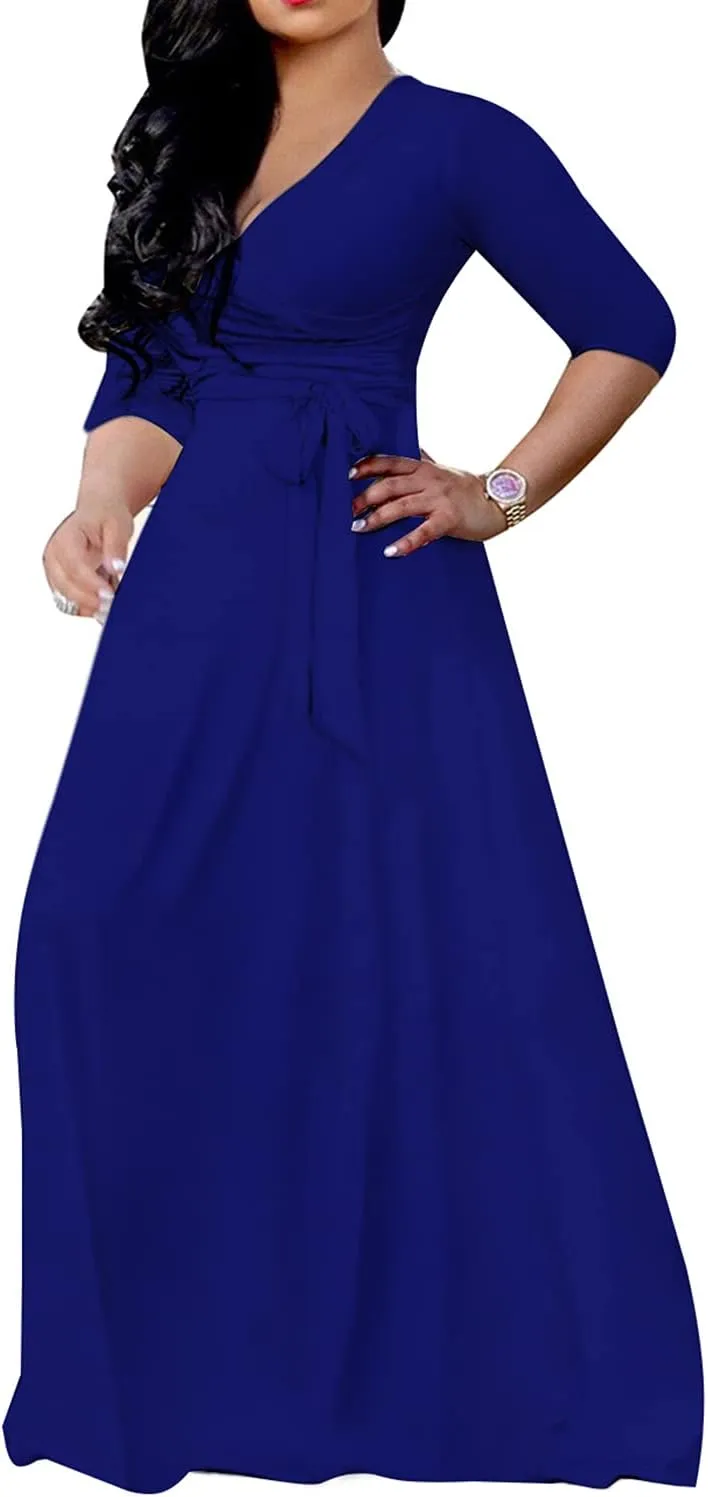 LightlyKiss Plus-Size Maxi Dresses for Women African Summer 3/4 Sleeves Beach Sundress with Pockets