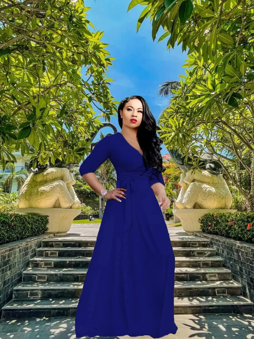 LightlyKiss Plus-Size Maxi Dresses for Women African Summer 3/4 Sleeves Beach Sundress with Pockets