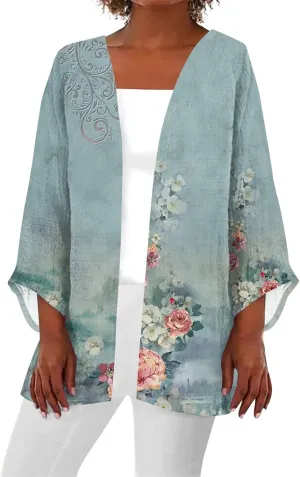 Lightweight Cardigans for Women 3/4 Sleeve Casual Loose Open Front Cardigan Floral Printed Trendy Cardigans