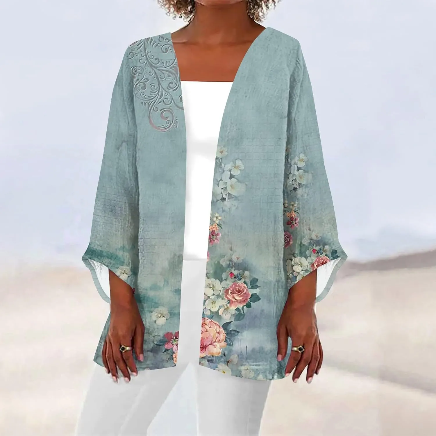 Lightweight Cardigans for Women 3/4 Sleeve Casual Loose Open Front Cardigan Floral Printed Trendy Cardigans