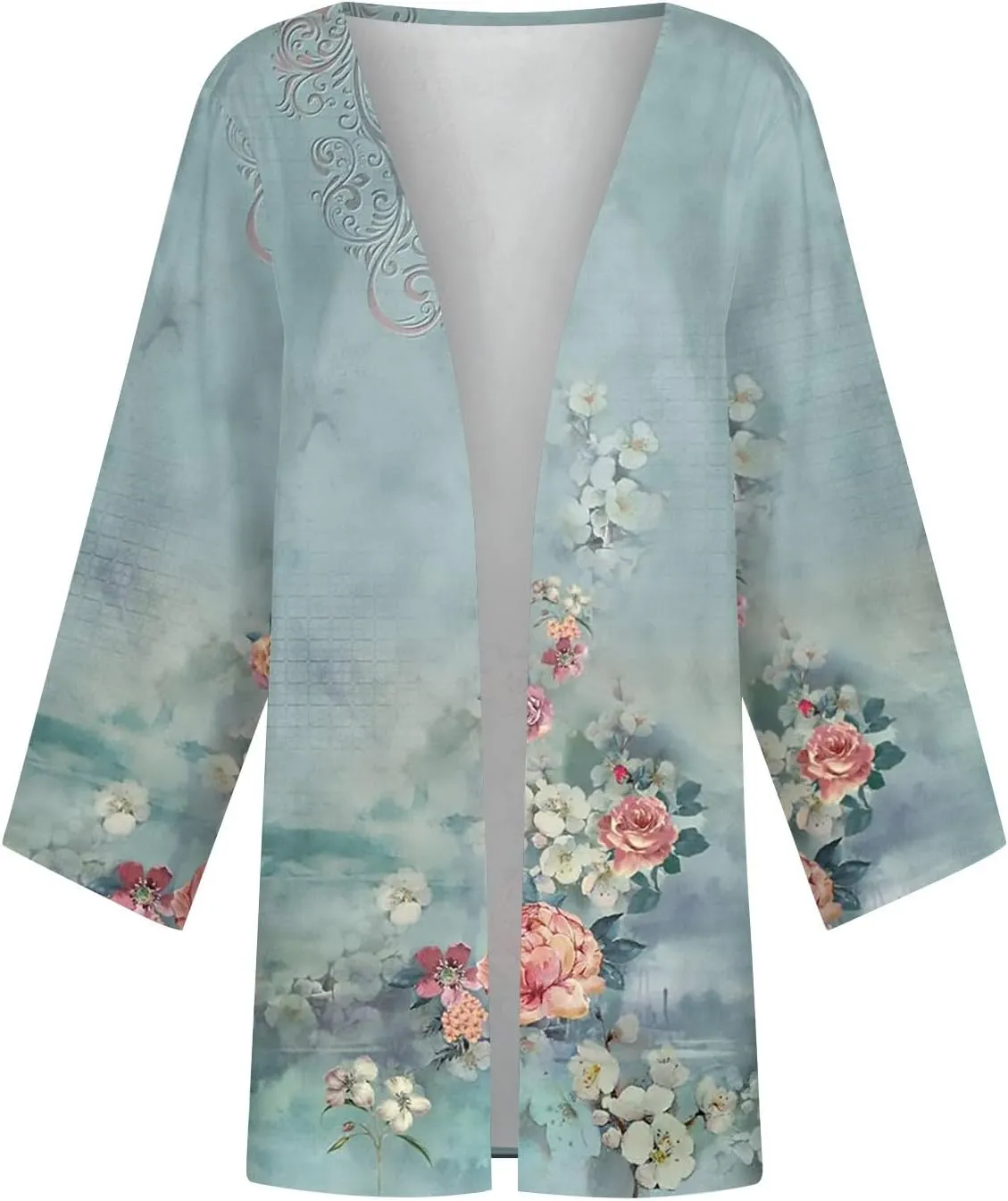 Lightweight Cardigans for Women 3/4 Sleeve Casual Loose Open Front Cardigan Floral Printed Trendy Cardigans