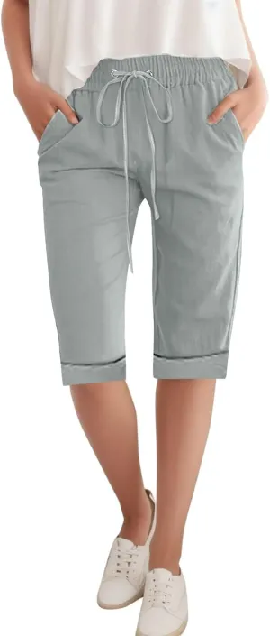 Linen Bermuda Shorts Women Knee Length Straight Leg Elastic Waist Harem Pants 2025 Beach Trousers Vacation Outfits