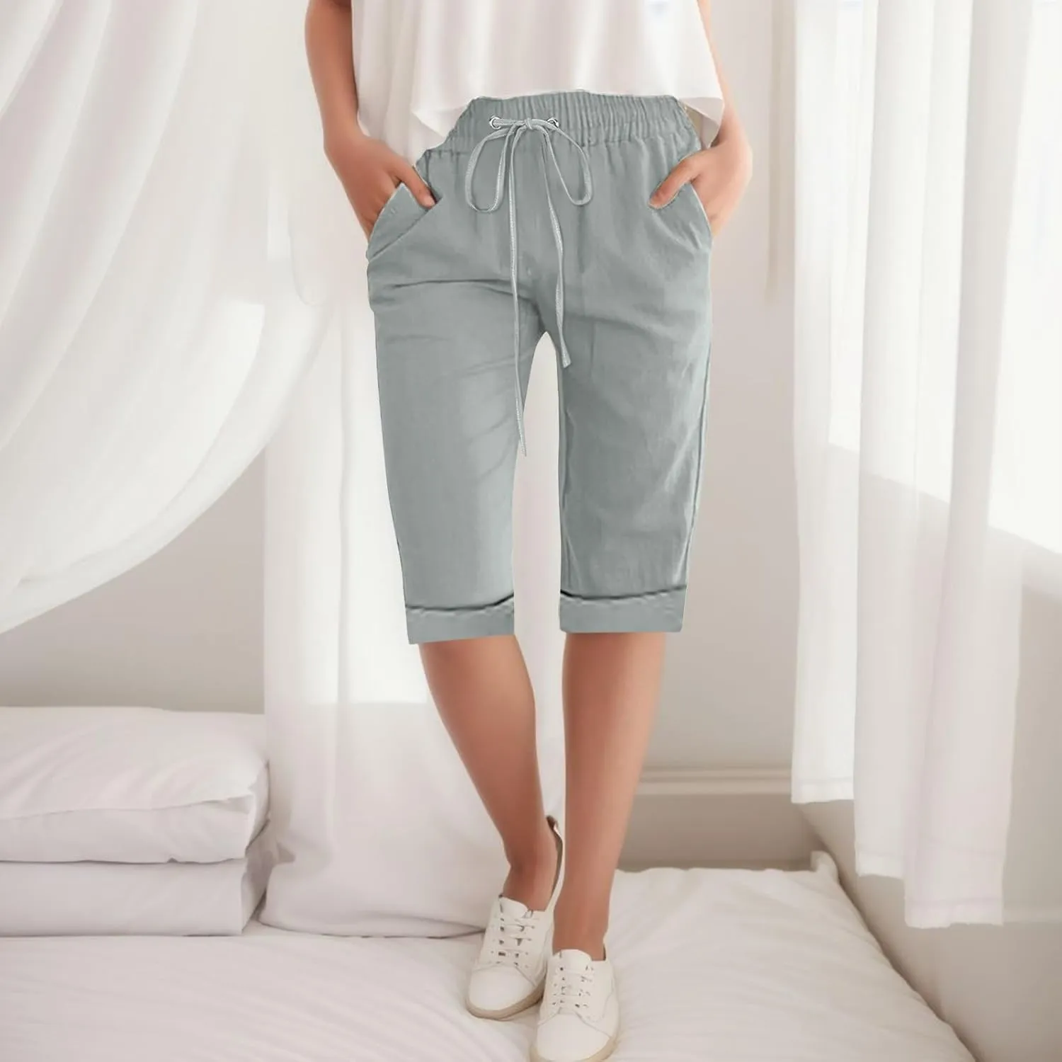 Linen Bermuda Shorts Women Knee Length Straight Leg Elastic Waist Harem Pants 2025 Beach Trousers Vacation Outfits