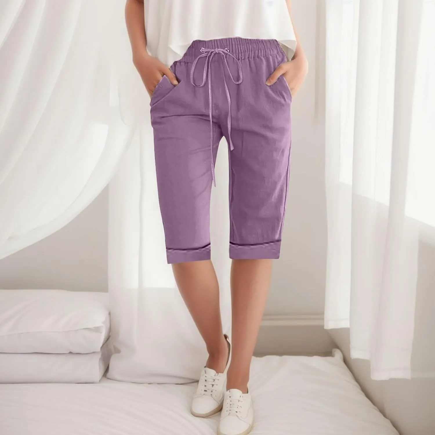 Linen Bermuda Shorts Women Knee Length Straight Leg Elastic Waist Harem Pants 2025 Beach Trousers Vacation Outfits