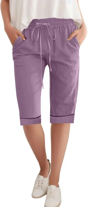 Linen Bermuda Shorts Women Knee Length Straight Leg Elastic Waist Harem Pants 2025 Beach Trousers Vacation Outfits