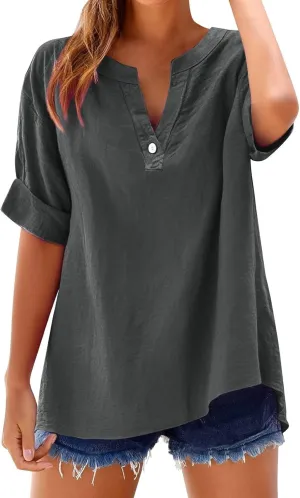 Linen Blouses for Women Short Sleeve Trendy Tops Button Down V Neck Shirt Summer Vacation Shirts 2025 Trendy Tops Tees