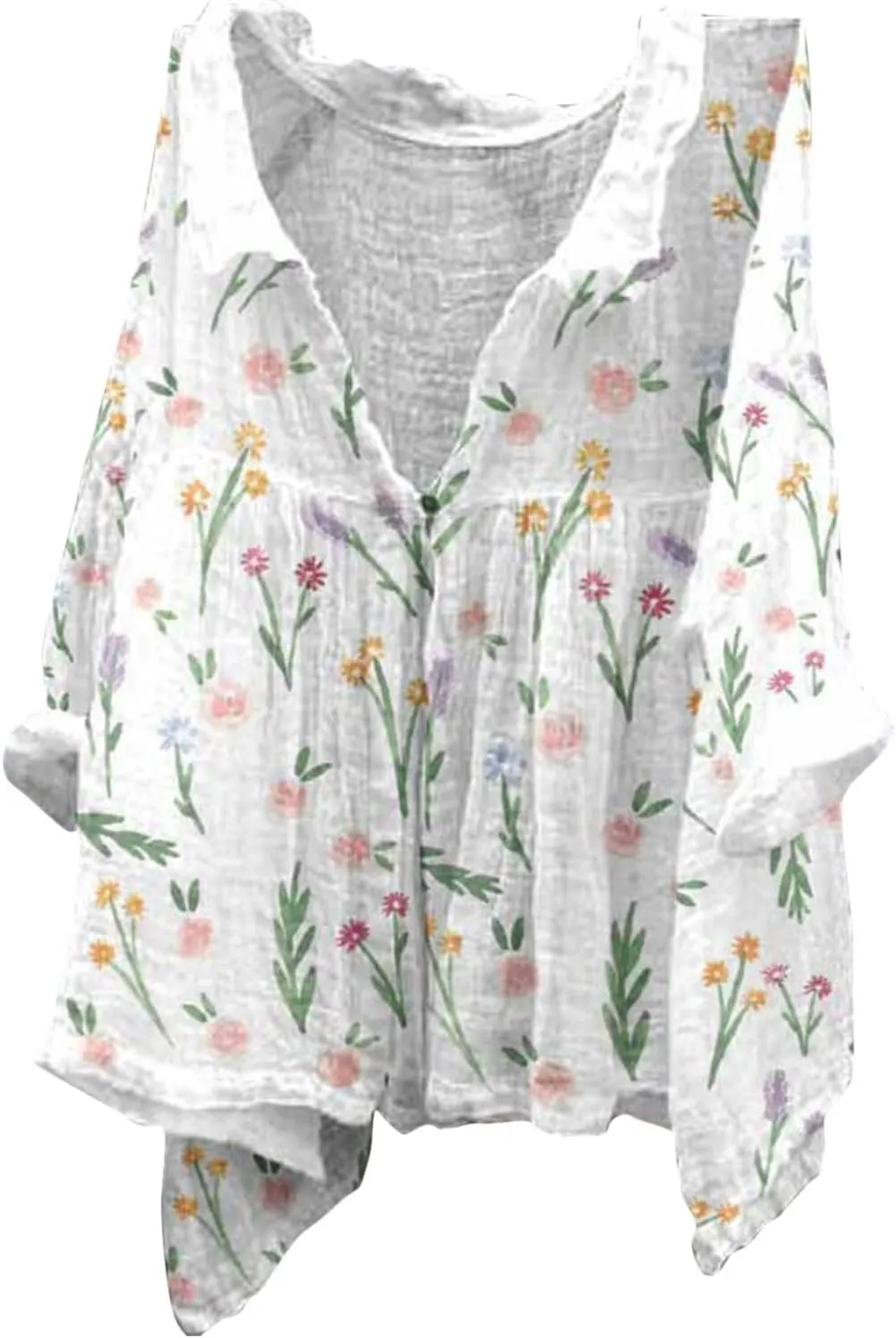 Linen Button Down Shirt Women Half Sleeve Floral Printed Shirts Casual Collared Shirt Loose Fit Blouses Summer Tops