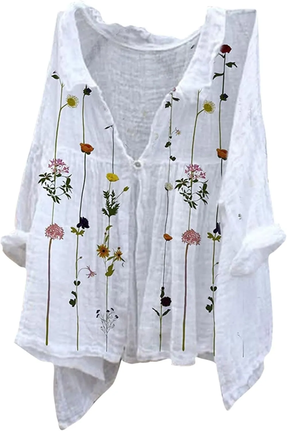 Linen Button Down Shirt Women Half Sleeve Floral Printed Shirts Casual Collared Shirt Loose Fit Blouses Summer Tops