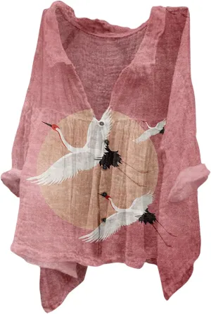 Linen Button Down Shirt Women Half Sleeve Floral Printed Shirts Casual Collared Shirt Loose Fit Blouses Summer Tops