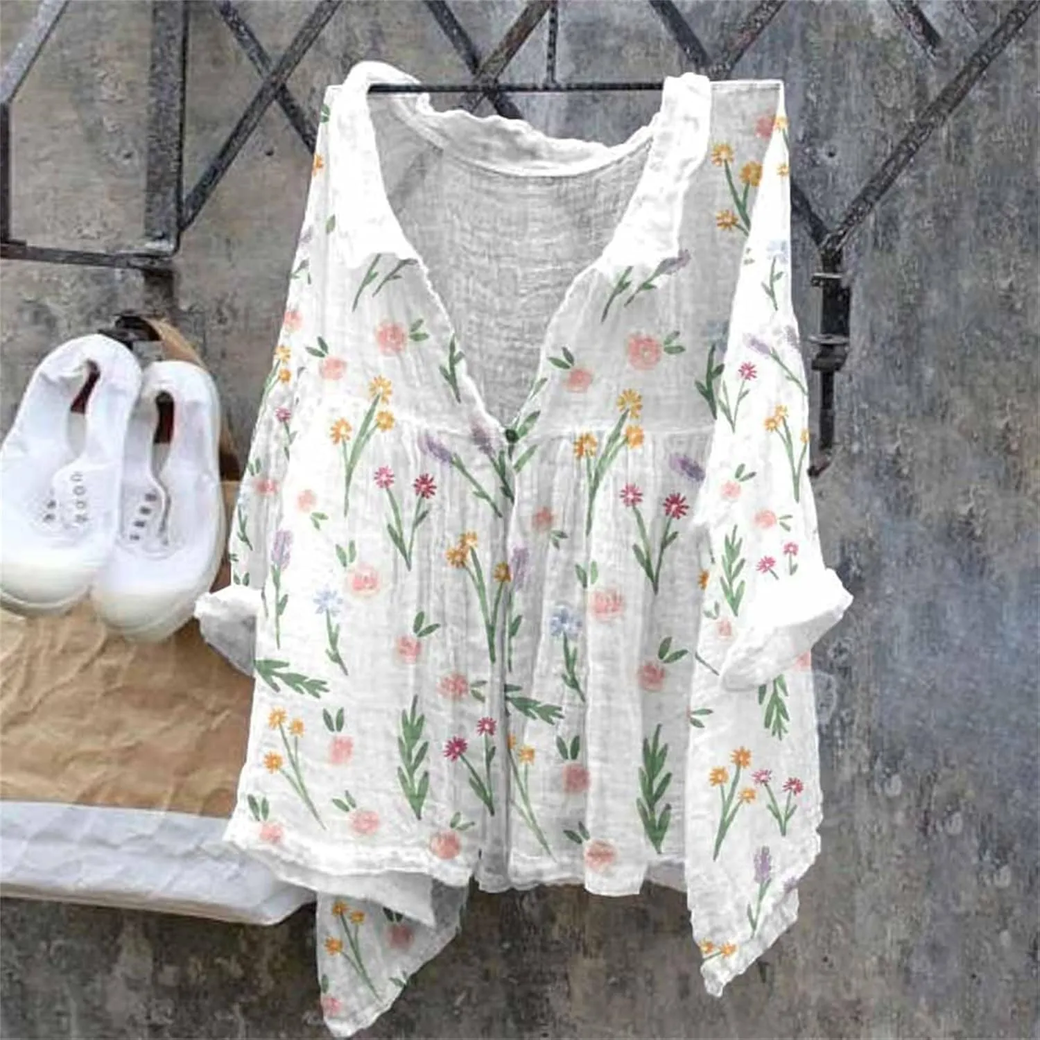 Linen Button Down Shirt Women Half Sleeve Floral Printed Shirts Casual Collared Shirt Loose Fit Blouses Summer Tops