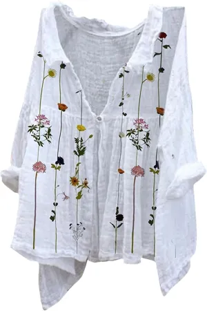 Linen Button Down Shirt Women Half Sleeve Floral Printed Shirts Casual Collared Shirt Loose Fit Blouses Summer Tops