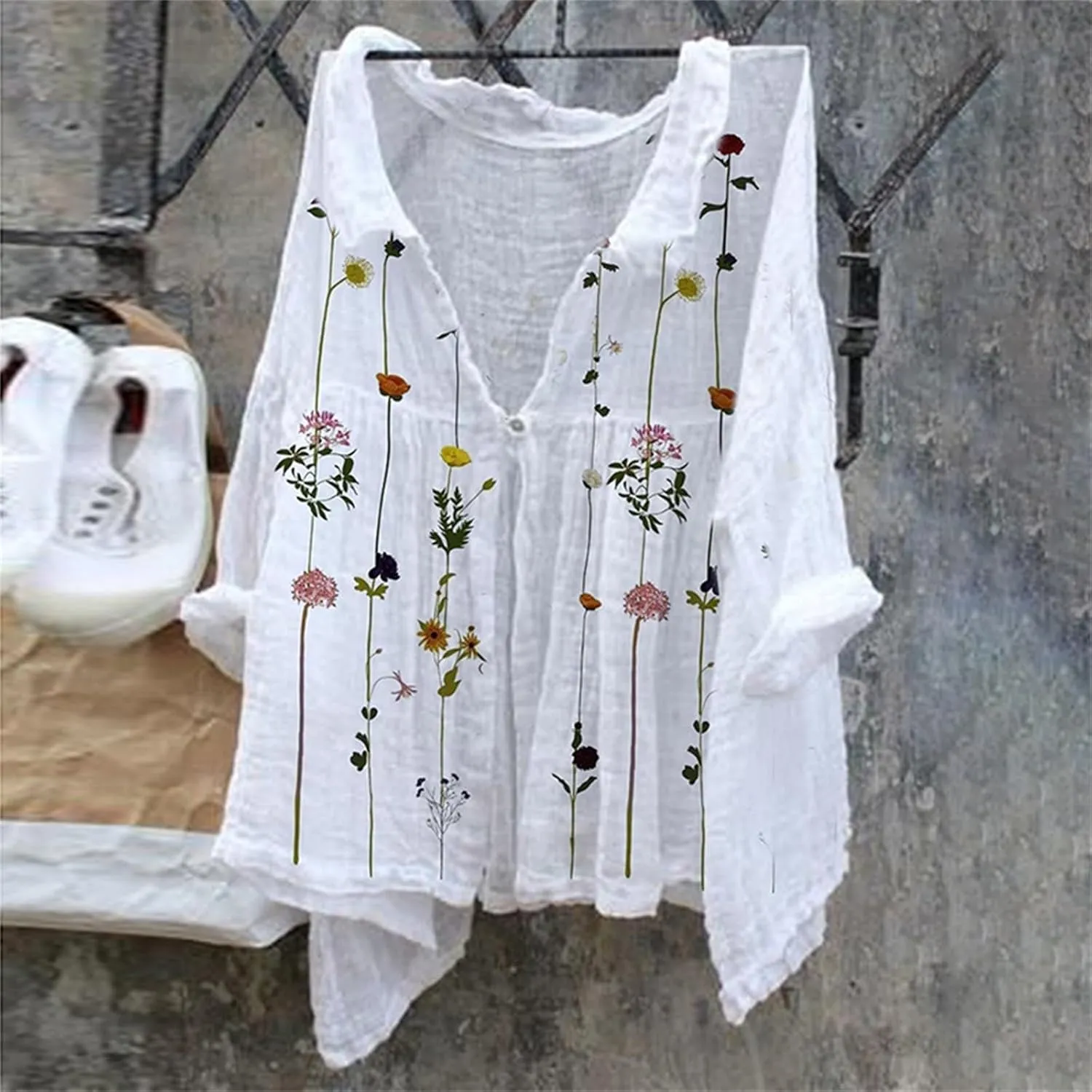 Linen Button Down Shirt Women Half Sleeve Floral Printed Shirts Casual Collared Shirt Loose Fit Blouses Summer Tops